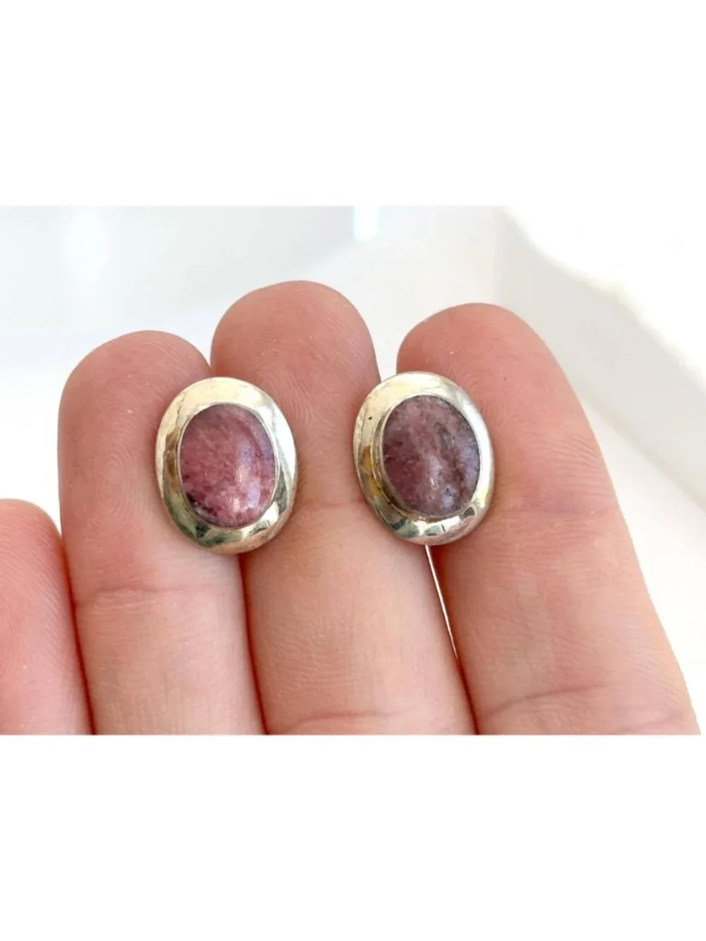 Natural Watermelon Rhodonite Gemstone Vintage Sterling Silver 925 Stud Earrings